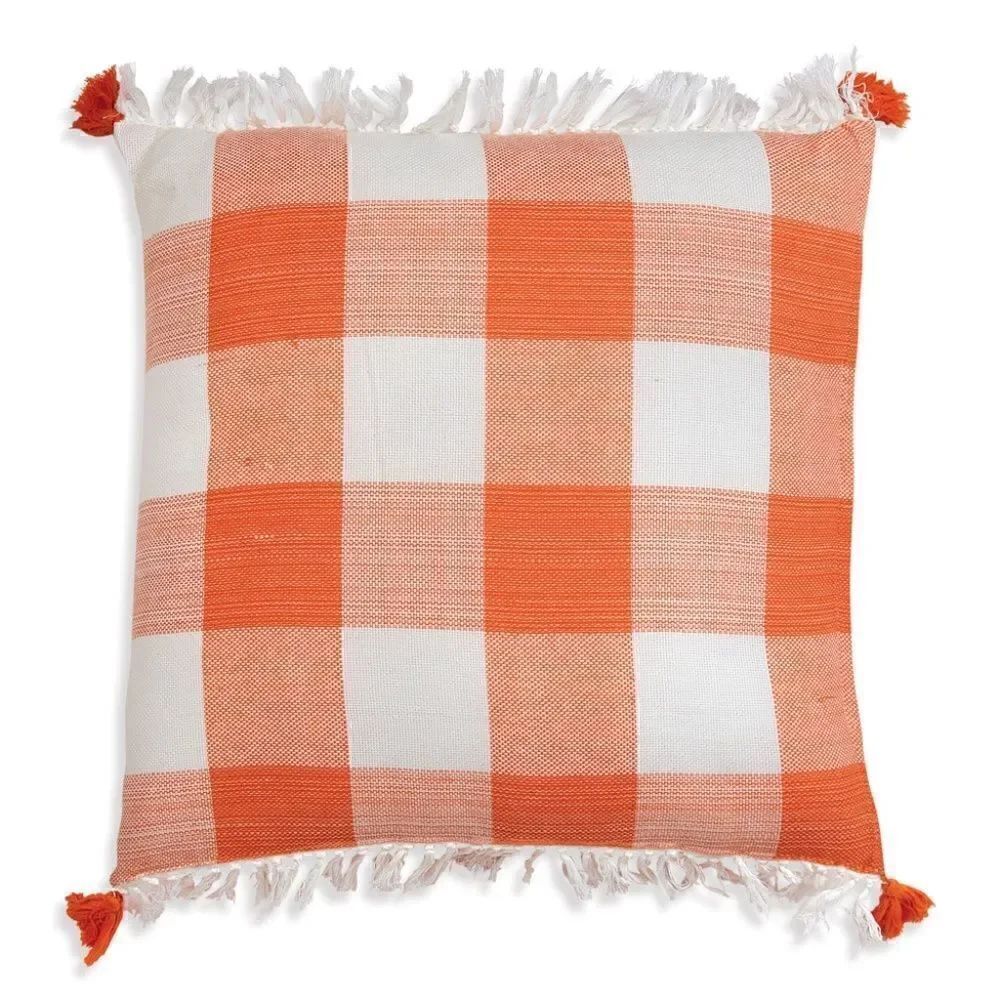 NEW! Orange Cotton Gingham Buffalo Plaid Throw Pillow Tassels Farmhouse Country